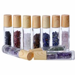 10ml Party Favor Natural Gemstone Jade Roller Bottle Plastic Wood Grain Lid Refillable Essential Oil Bottle Wholesale