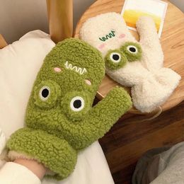 Cute Cartoon Frog Full Finger Gloves With Hanging Rope Winter Imitation Cashmere Plush Gloves Women Outdoor Cycling Mittens NEW