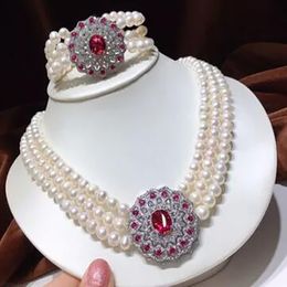 3 Strands 7-8mm White Pearl Red Crystal Connector Bracelet Necklace Set