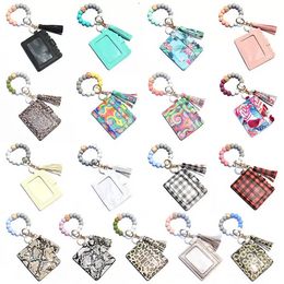 Silicone Wristlet Keychain Bracelet with Wallet House Car Letter Tassel Key Ring Pocket Card Holder Leopard Bangle Beaded Bead Chain for Woman Girls P1130