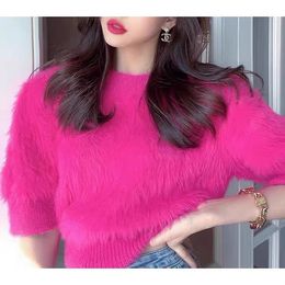 Women's o-neck mohair wool knitted thickening half sleeve short sweater tops rose red color