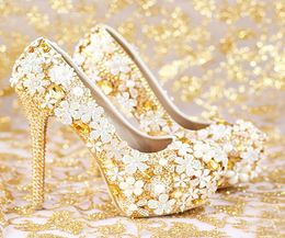Mode komfortable goldene Hochzeitsschuhe Frauen Schuhe Plattform High Heels Strass -Brautschuhe handgefertigt echtes Leder6301381