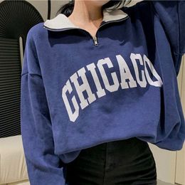 Women's Hoodies Sweatshirts Navy Gray Cotton Oversized POLO Shirt Sweatshirt Women Ladies Hihgh Street Vintage Letter Print Y2K Top Casual Preppy 221129