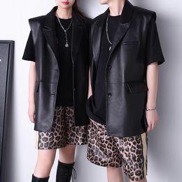 Women's Leather Autumn Women/Men&#39;s High Quality Genuine Vests Coat Chic Casual Loose Sleeveless Jackets C950