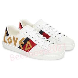 Mens Italy Bee Casual Shoes Women White Flat Leather Shoe Green Red Stripe Embroidered Tiger Snake Couples Trainers Des Ch