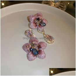 Dangle Chandelier Fashion Jewellery S925 Sier Post Flower Dangle Earrings Crystal Rhinestone Water Drop Pendant Flowers Asymmetrical Dhc8C