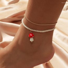 Anklets 2Pcs/Set Female Bohemian White Pearl Ceramic Mushroom For Women Beach Style Fashion Simple Gold Colour Metal Gift