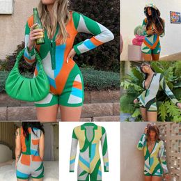 Women Jumpsuits Knitted Blocking Graffiti Bodysuit Slim Fit V-neck Single Breasted Long Sleeved Rompers Sports One Piece Shorts 3 Colours