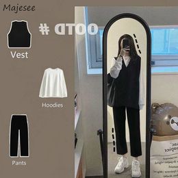 Women's Two Piece Pant Sets Students Solid Preppy Style Black Vests Loose Casual Simple Harjuku White Hoodies Korean Daily Ulzzang Trendy 221130