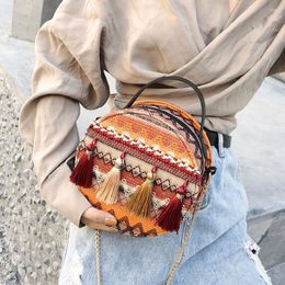 Evening Bags Individual National Style Women Handbags Striped Tassel Female Shoulder Bag Metal Chain Woman Small Round Messenger Handle