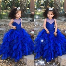 New Royal Blue Flower Girl Dresses Sheer Neck Tiers Wedding Ball Gown for Little Kids Vintage First Communion Pageant Clothing