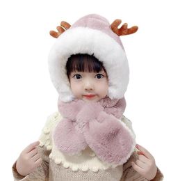 Children fleece warm soft Hat Boys Pography Girls Plus fuzzy thick Cap reindeer Ears Stuff For Kids Winter Warm Scarf Set Baby colar velvet beanies caps