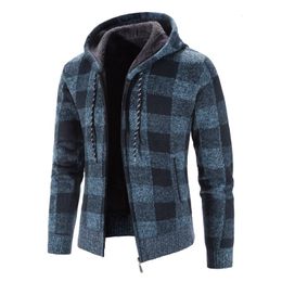 Mens Sweaters Winter Coat Casual Slim Plaid Print Fleece Thicken Warm Hooded Cardigan High Quality Cotton 221130