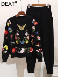 Women's Two Piece Pants DEAT Loose Long Sleeved Sweater Top Leggings Set Embroidered Butterfly Flower Female Autumn Winter 11Q260 221130