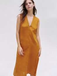 Casual Dresses Zach AiIsa Summer Style Women's Sweet Ruili High Quality V-Neck Sleeveless Linen Long Shirt Dress