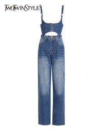 Women's Two Piece Pants TWOTWINSTYLE Loose Set For Women Square Collar Sleeveless Tops High Waist Wide Leg Denim Blue Sets Female Clothing 221130