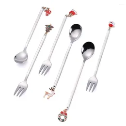 Dinnerware Sets 6PCS Stainless Steel Christmas Tableware Set Coffee Spoon Appetizer Fork Tree Bell Reindeer Wreath Sock Creative Gift