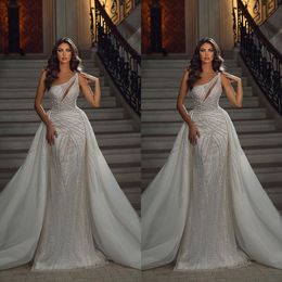 Sparking One Shoulder Mermaid Wedding Dresses Sexy Sequins Lace Bridal Gowns Detachable Train Aso Ebi Bride Dress Arabic