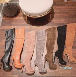 Bottes en cuir givré à la mode sur le genou 14cm Super haut talon long tube stretch automne hiver plate-forme imperméable femmes taille 358370341