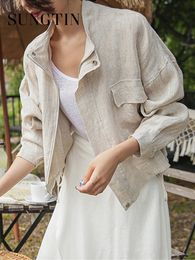 Women s Jackets Sungtin Linen Cotton Blouse Coat Elegant Korean Jacket Women Vintage Oversized Casual Summer Spring 221130