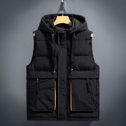 Men's Vests L7XL Tooling Style Men Hooded Vests Detachable Black Warm Waistcoat Loose Male Coat Fashion Sleeveless Heated Padded Jacket 221130