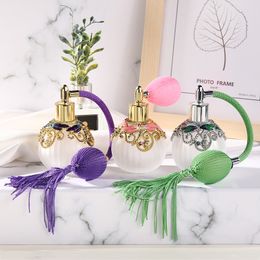 60pcs 1.7oz Vintage Dragonfly Style Perfume Airbag Spray Bottle 50ml Clear Refillable Essential Oil Bottle with Purple/Green Long Tassel