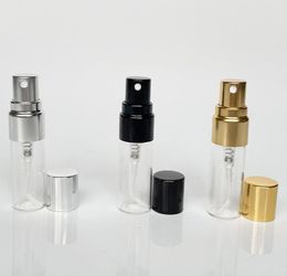 1000pcs 3ML Travel Refillable Glass Perfume Bottle With UV Sprayer Cosmetic Pump Spray Atomizer Silver Black Gold Cap