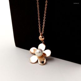Pendant Necklaces Fashion Love Camellia Flower Simulated Pearl Necklace Sweater Chain Rose Gold Colour Stainless Steel Women Gift