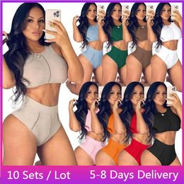 Women's Tracksuits Wholesale Items Ribbed Two Piece Set Women Workout Panties And Crop Top Beach Bodycon Sport Outfits For Summer Clothes