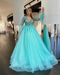 Feather Beading Turquoise Prom Dresses Long Sleeve V Neck Party Dress Evening Gowns Tulle A Line Women Photos vestido de noche