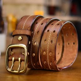 Belts Adhesives Pure cow perforated worn brushed pure copper buckle widened thickened leather belt hand sewn