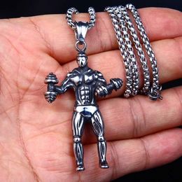 Sport Body Building Necklace Pendant Stainless Steel Ancient Silver Man Dumbbell Necklaces with Chain Hip Hop Fine Jewelry