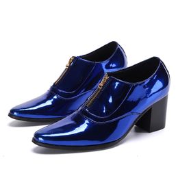Men's Shoes Pointed Toe 7.5cm High Heels Blue Leather Dress Shoes Men Zip Patent Party & Wedding Shoes Man