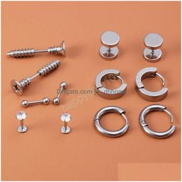 Stud 6 Pairs Stud Earring Hoop Stainless Steel Sier Colour Labret Ear Piercing Cartilage Screw Tragus Helix Punk Men Women Jewellery Dr Dhw8C