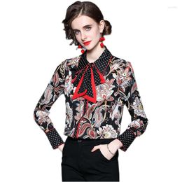 Women's Blouses Floral Print Blouse Women Bow Tie Blusas Mujer De Moda Polka Dot Collar Full Long Sleeves Chemisier Femme Sexy