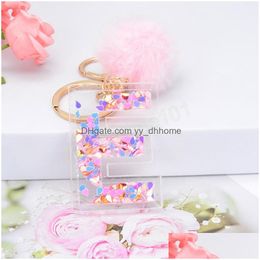 Key Rings Sequin Hollowedout Letter Keychain Soft Faux Rabbit Fur Ball Car Keyring Pompom Key Chains Holder Women Bag Pendant Jewelr Dhdyt