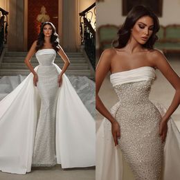 Mermaid Fashion Pearls Wedding Dresses Sexy Strapless Bridal Gowns Detachable Train Aso Ebi Shiny Beads Bride Dress Arabic