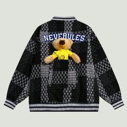 Men's Jackets Vintage Cute Bear Removable Loose Plaid Baseball Mens Streetwear Harajuku Oversize Casual Varsity Coats Unisex 221129