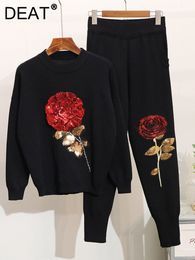 Women's Two Piece Pants DEAT Autumn And Winter Heavy Industry Sequin Flower Long Sleeve Loose Shirt Knitted Suit Women 11Q259 221130