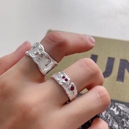 Cluster Rings Silvology 925 Sterling Silver Red Zirconia Wide Texture For Women Irregular Thick Lava Korea Ring Statement Office Jewellery