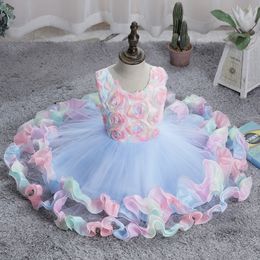 New Flower Girl For Weddings Jewel Neck Champagne Puffy Ruffles Tiered Floral Little Kids Baby Gowns First Holy Communion Dresses 403