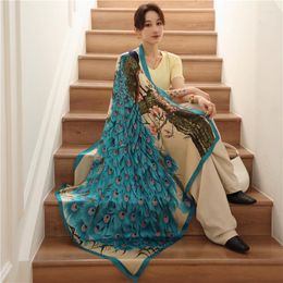 Scarves Designer Silk Scarf Women Print Peacock Feathers Shawls Luxury Female Wraps Ladies Brand Foulard 110 110cm