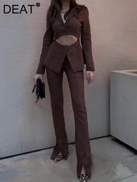 Women's Two Piece Pants DEAT Fashion Lapel Long Sleeve Single Breasted Hollow Out Blazer High Wasit Brown Suit Autumn 17A2583 221130
