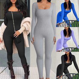 Women Jumpsuits Designer Slim Sexy One-piece Clothing Solid Autumn Winter New Product Threaded Square Neck Hip Lifting One-piece Pants Rompers