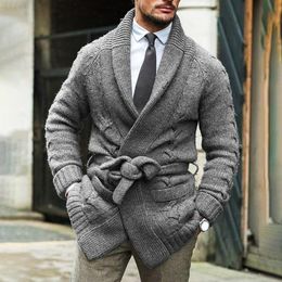 Mens Sweaters Trendy Cardigan Long Sleeves Cold Resistant Soft Solid Colour Waist Bandage Knitted Sweater Coat 221129