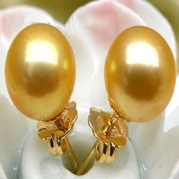 new Style 9mm AAA round golden yellow south sea pearl earring stud Jewellery solid gold