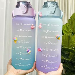 Water Bottles 2L Sports With Time Marker Straw Bounce Lids Large Capacity Plastic Drinking Leakproof Outdoor Fitness 221130