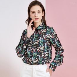 Women's Blouses Real Silk Boulses For Women High Quality 2022 Summer Green Digital Floral Office Shirts Long Sleeve Casual Sexy Plus Size