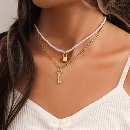 Pendant Necklaces WeSparking EMO Multi Layer Pearl Beads Paper Clip Chain Gold Plated Stainless Steel Lock Key Fashion Jewellery
