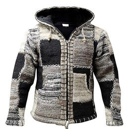 Mens Jackets Fashion Knitted with Hooded Plaid Patterned Autumn Patchwork Hoodies Casual Youth Sweater Cardigan 221129